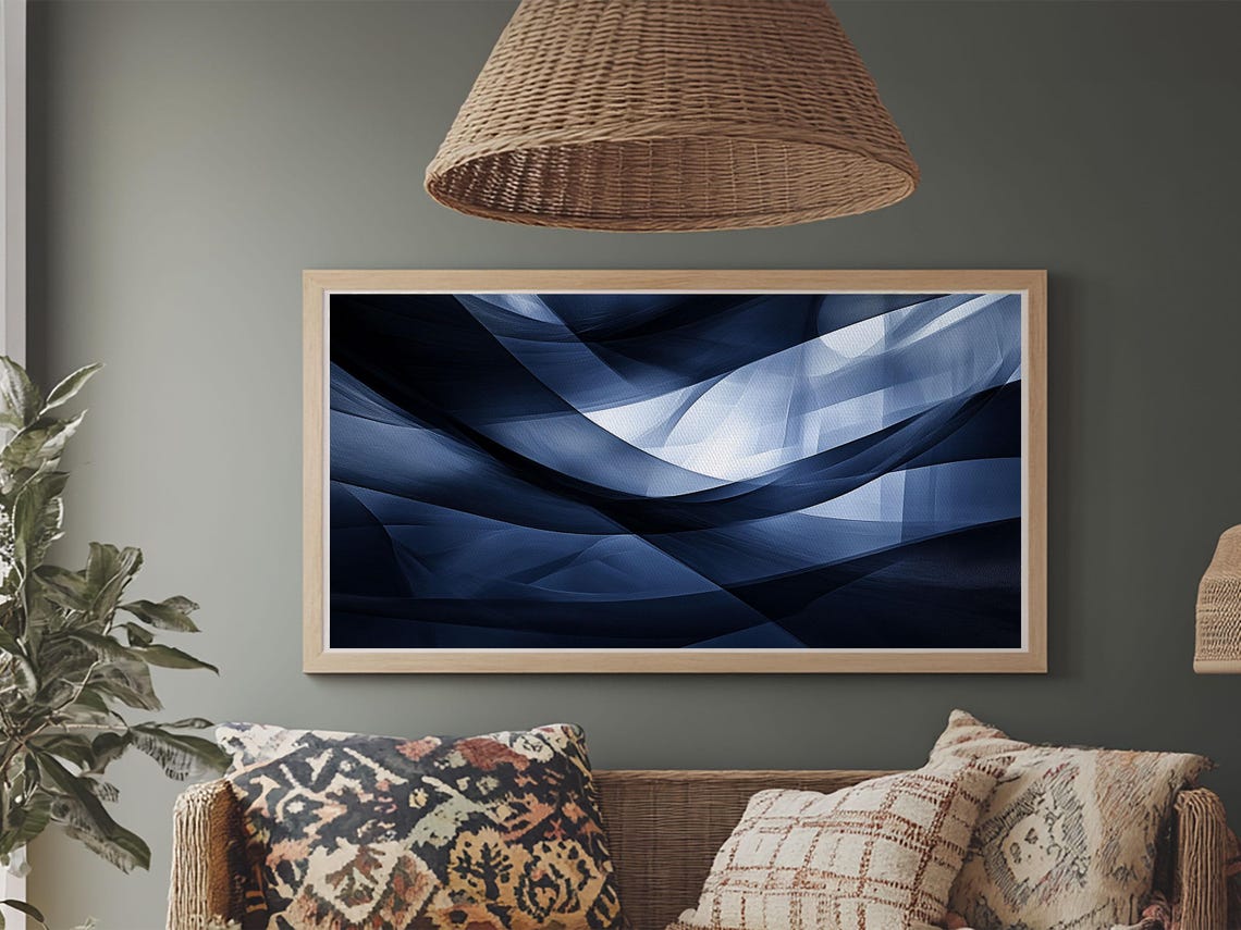 Flowing Blue Abstract Framed Print Minimalist Geometric Wall Art Above Sofa Decor Moody Panoramic Artwork Gift Living Room - Image 4