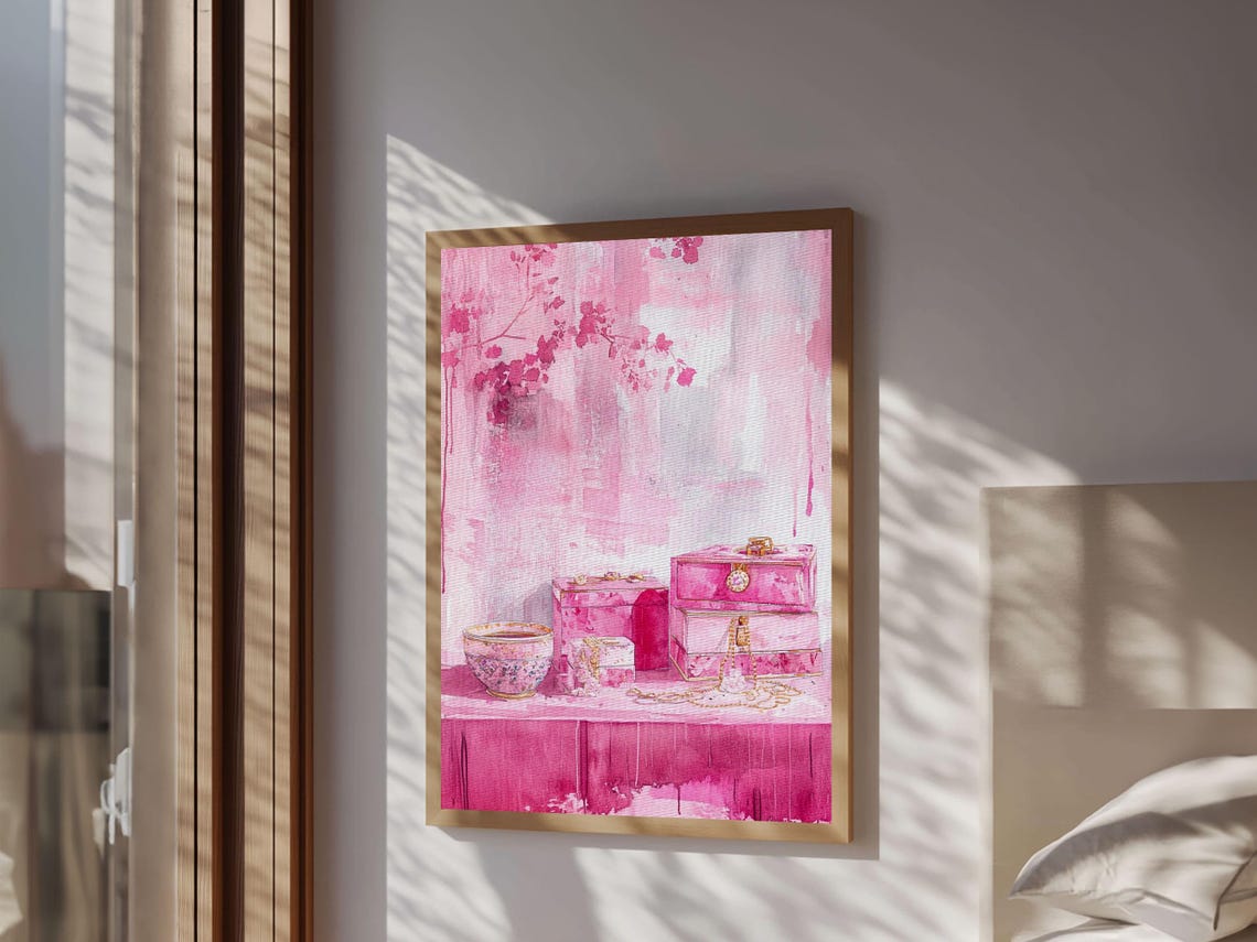 Pink Jewelry Boxes Perfume Bottles Watercolor Vanity Art Wall Poster - Image 3