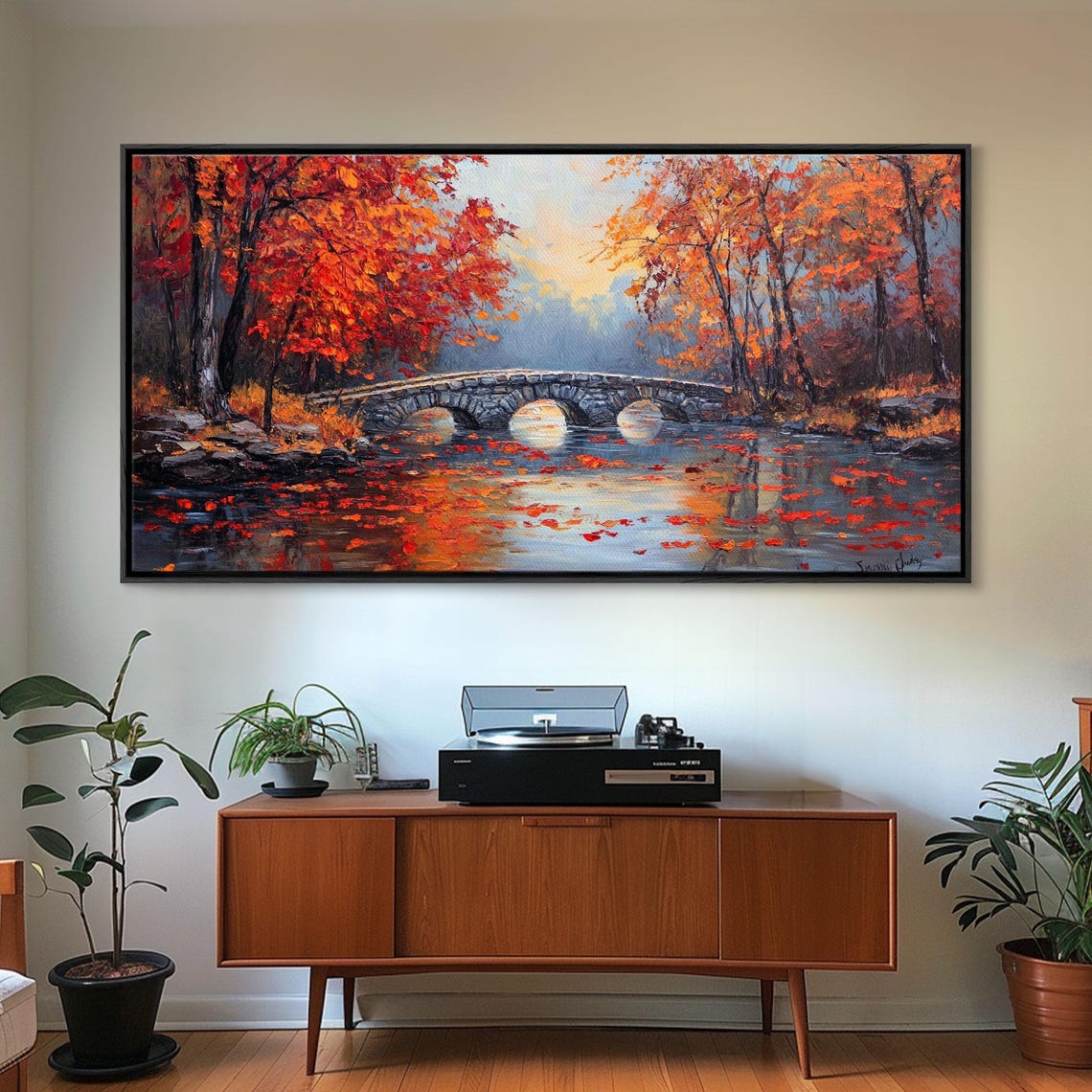 Autumn River Stone Bridge Triple Arch Red Trees Impasto Wall Art - Image 5
