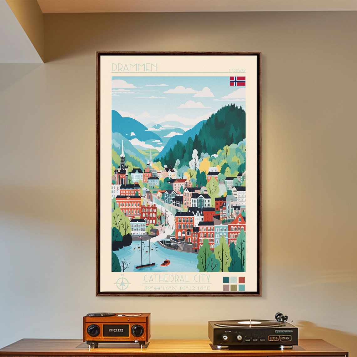 Drammen Norway Harbor Boats Forested Mountains Town View Poster - Image 4