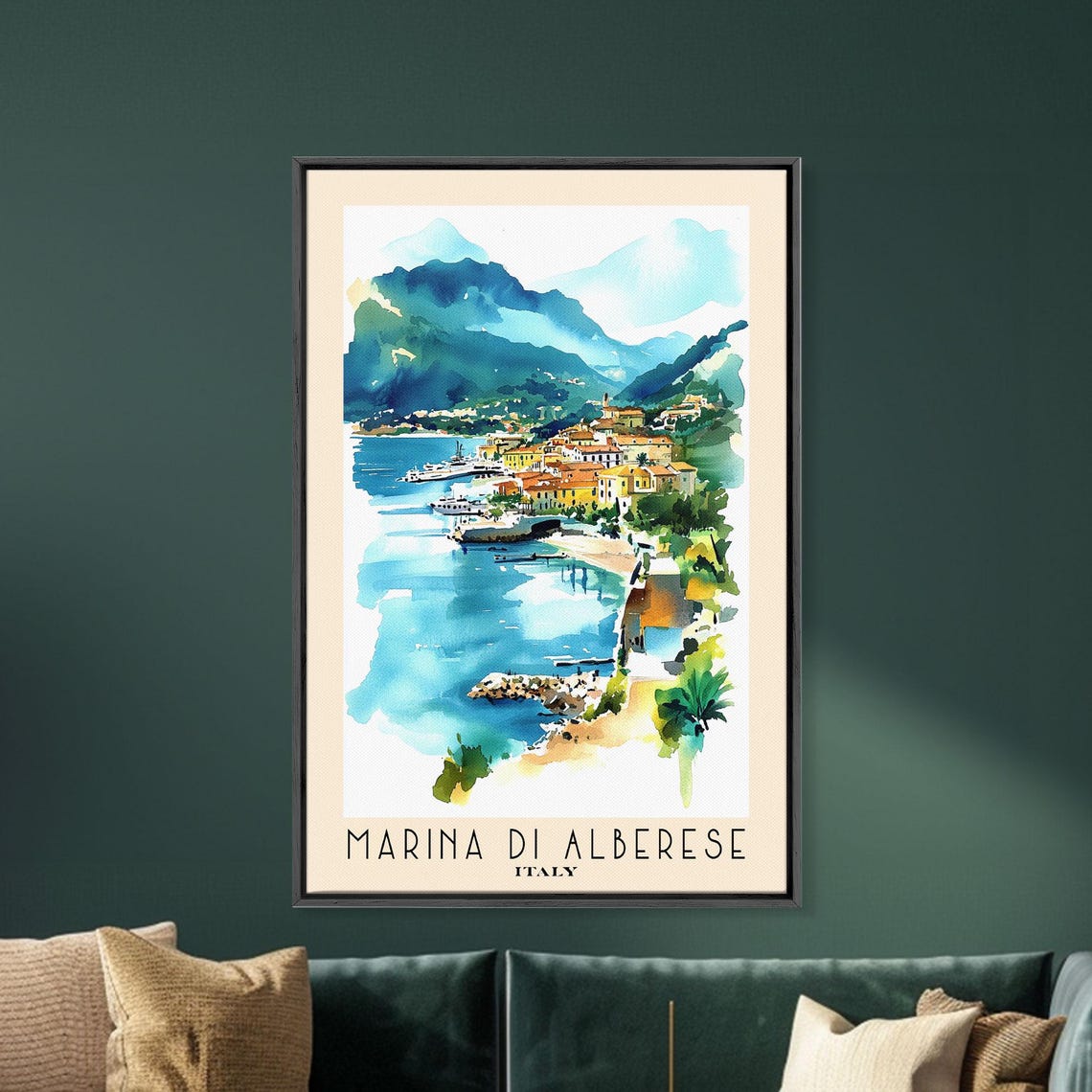 Marina di Alberese Italy Harbor Town Mountain Coast Watercolor Poster - Image 5