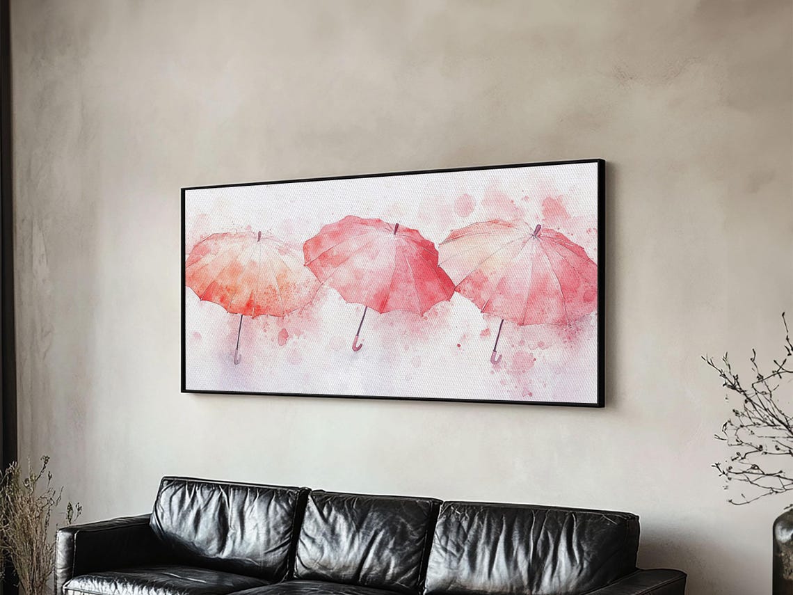 Three Pink Umbrellas Watercolor Whimsical Rainy Day Decor Poster - Image 5