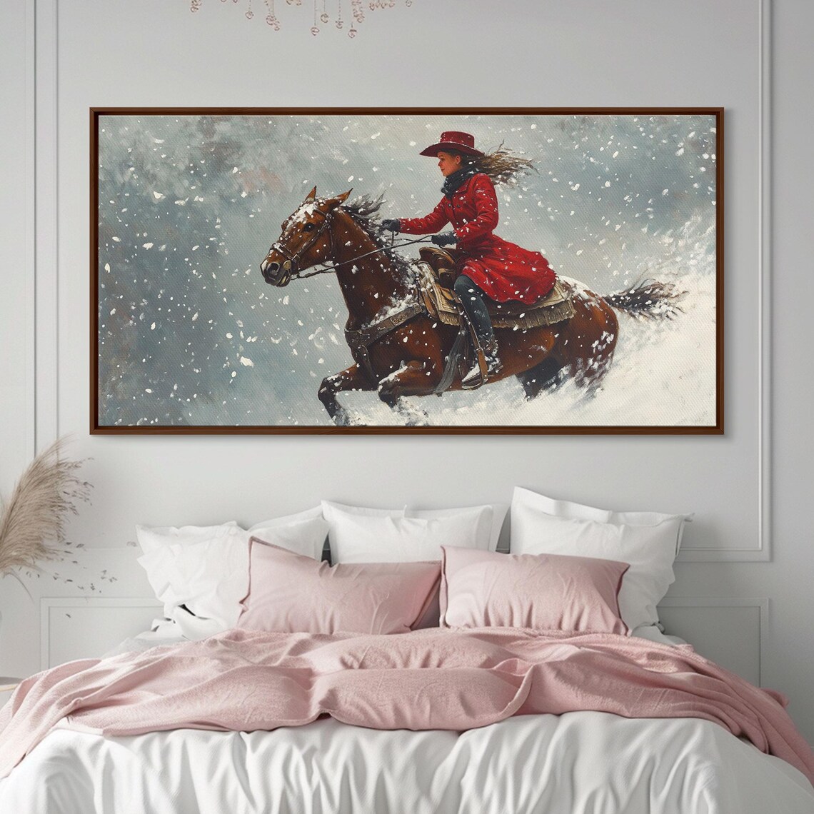 Cowgirl In Red Coat Galloping Through A Snowstorm Western Art Poster - Image 6