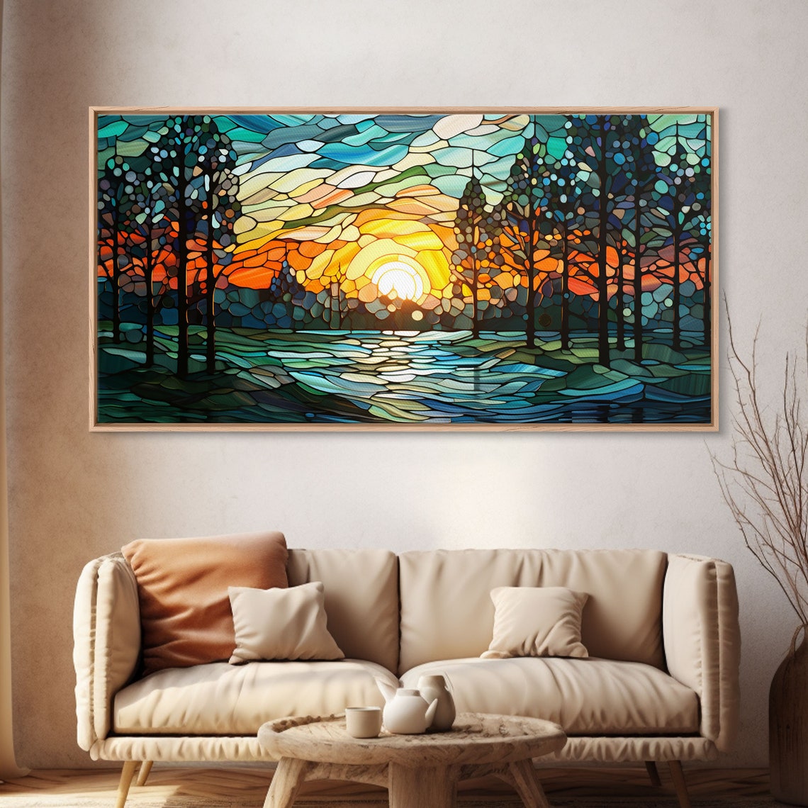 Stained Glass Sunset Over Water Through Trees Panoramic Art Poster - Image 4