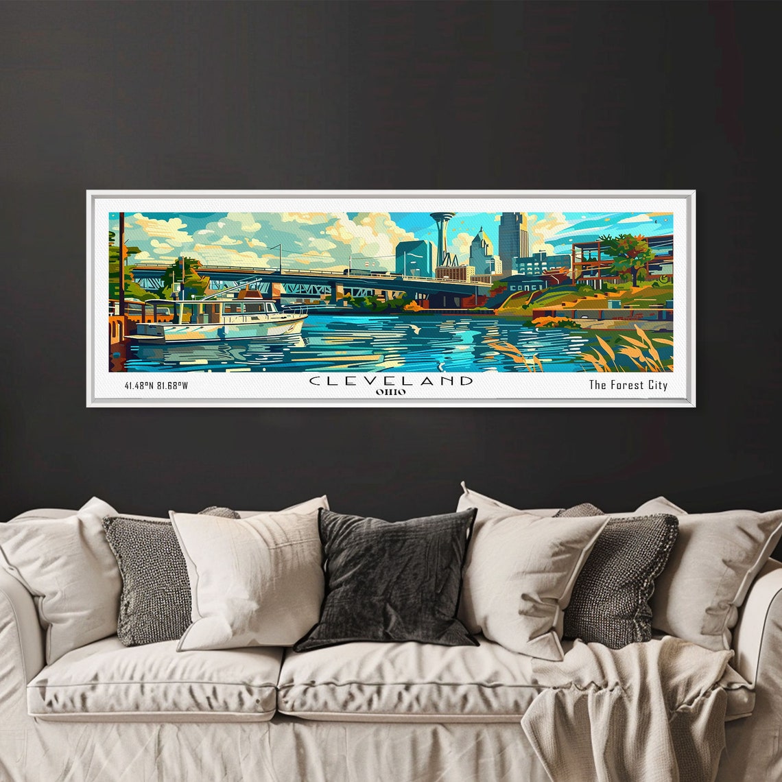 Cleveland Ohio Waterfront Harbor Boats Downtown Skyline Travel Poster - Image 2