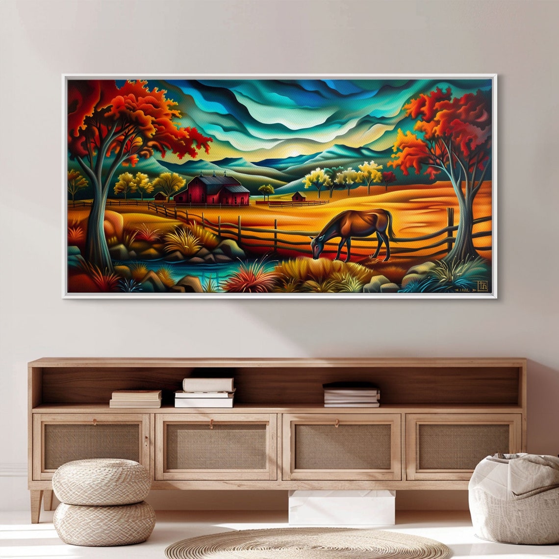 Grazing Horse By Pond Autumn Farm Red Barns Colorful Folk Art Poster - Image 3