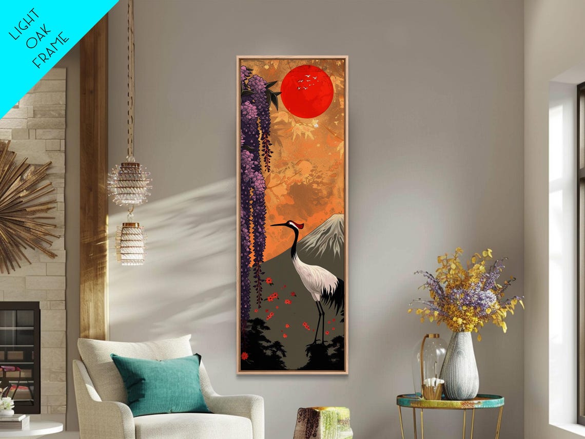 Japanese Crane Wisteria Red Sun Mount Fuji Tall Ukiyo E Art Poster