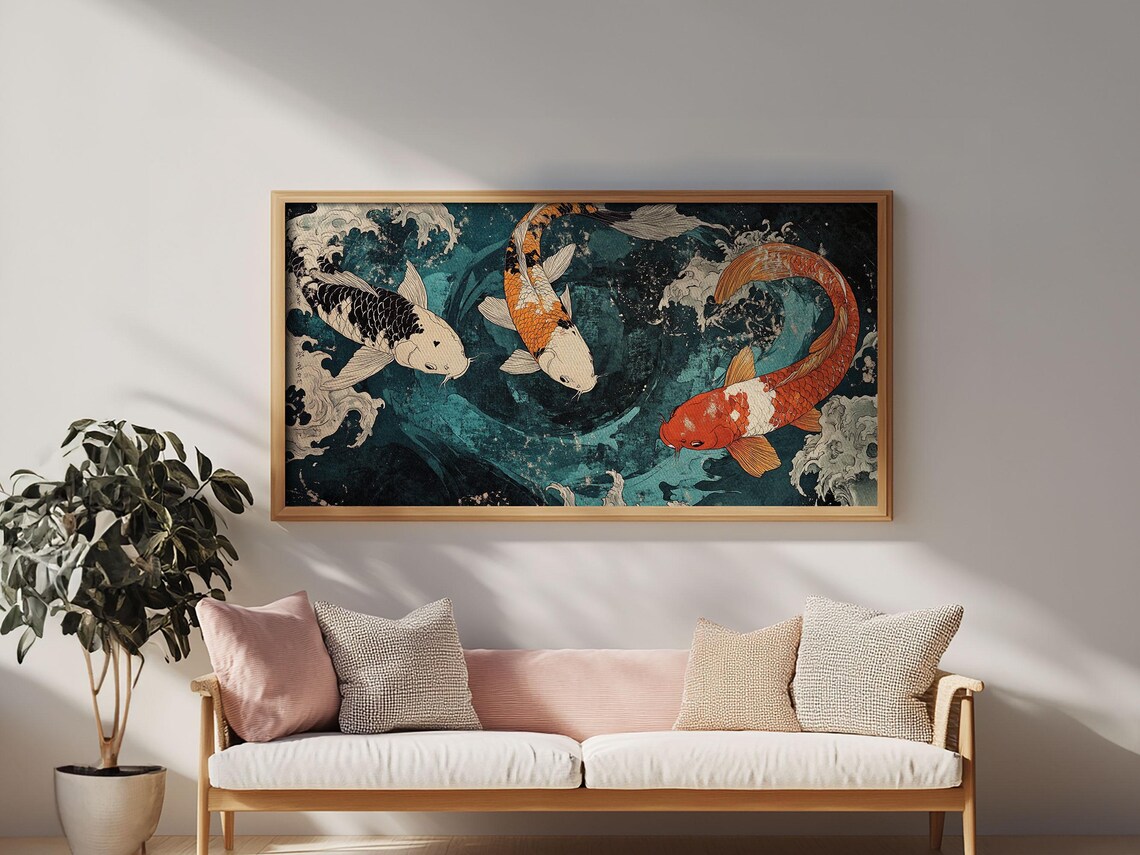 Three Koi Fish Swimming In Teal Water Japanese Style Painting Wall Art - Image 4