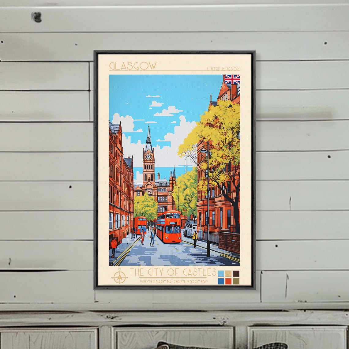 Glasgow United Kingdom Red Brick Street Clock Tower Buses Poster