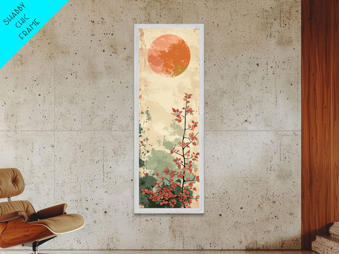 Abstract Coral Sun Over Red Leaf Branch On Vintage Cream Art Poster