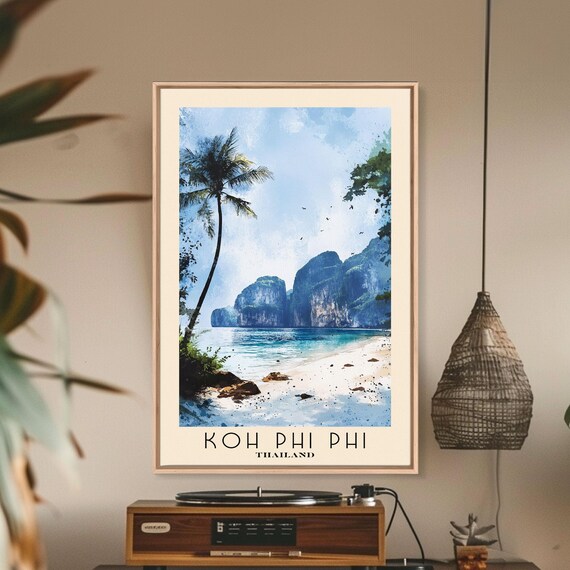 Koh Phi Phi Thailand Limestone Cliffs Palm Beach Watercolor Poster