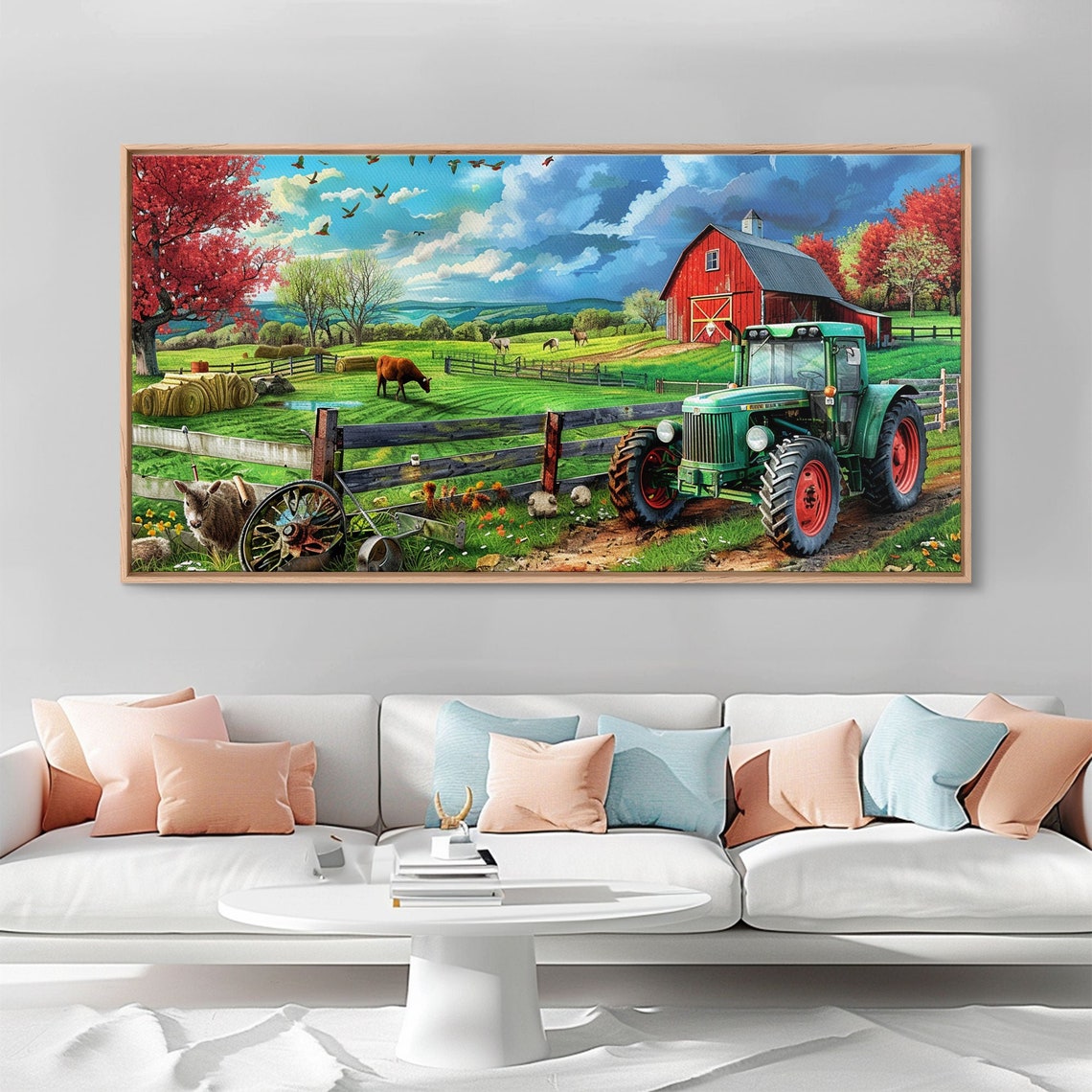 Green Tractor Red Barn Pasture Cows Country Farm Landscape Art Poster - Image 2