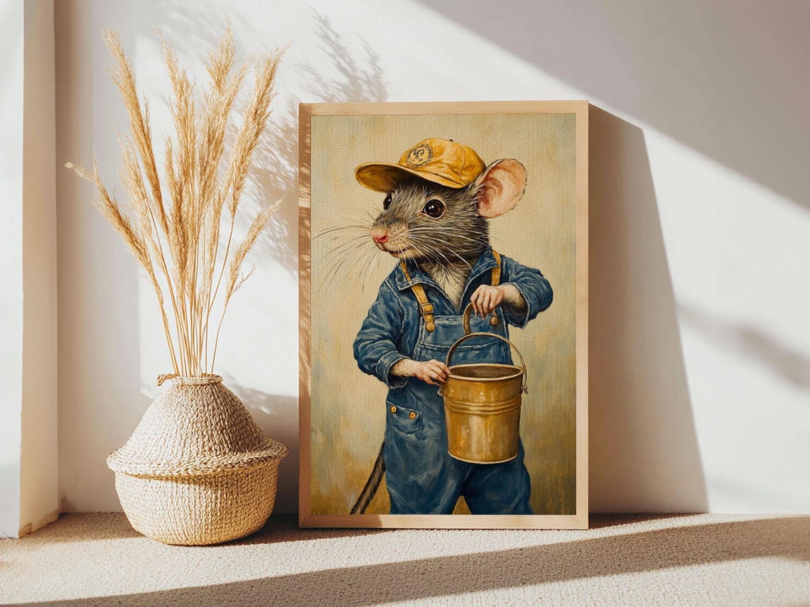 Cute Rat Handyman Overalls Bucket Whimsical Storybook Animal Art Print - Image 3