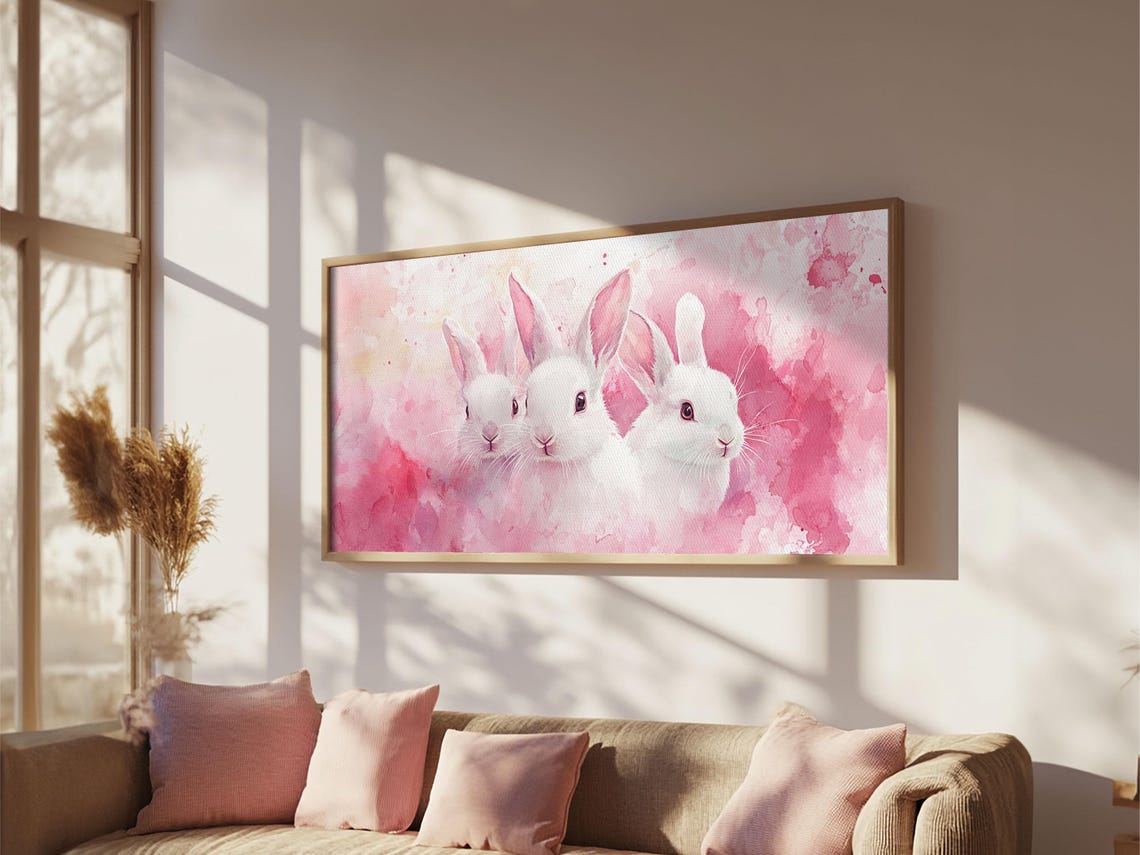 Three White Bunnies On Pink Watercolor Cute Rabbit Nursery Poster - Image 5