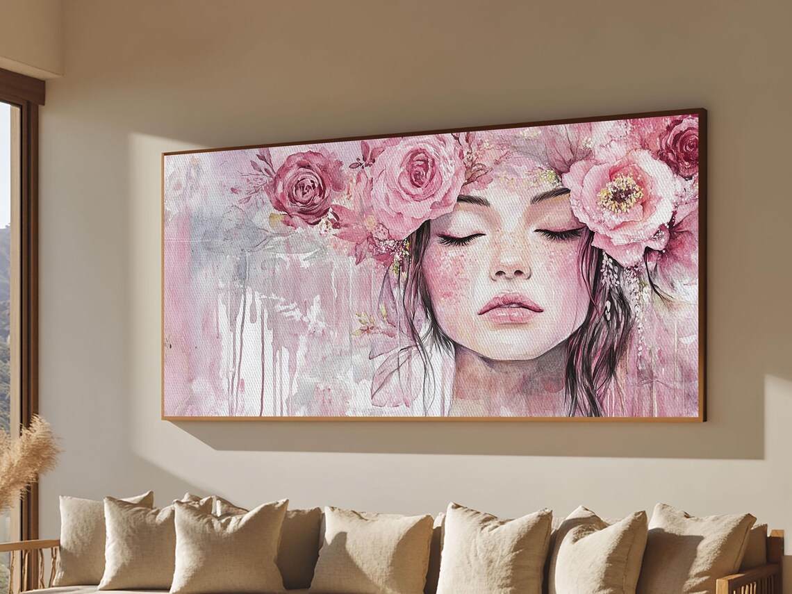 Feminine Goddess Portrait With Pink Roses Watercolor Dreamy Art Poster - Image 4