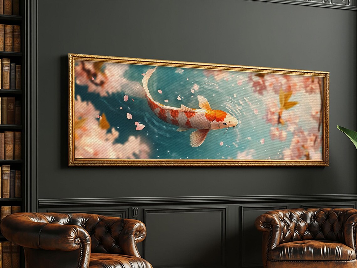 Koi Fish Cherry Blossom Panoramic Painting Orange White Swimming Turquoise Poster