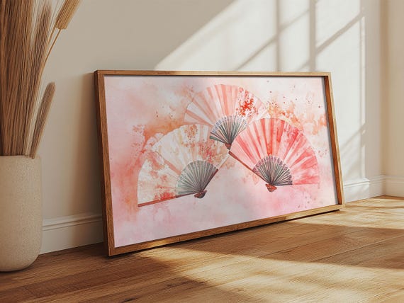 Vintage Fan Print Chinoiserie Wall Art Boho Light Pink Decor Feminine Artwork Horizontal Panoramic Art Above Sofa