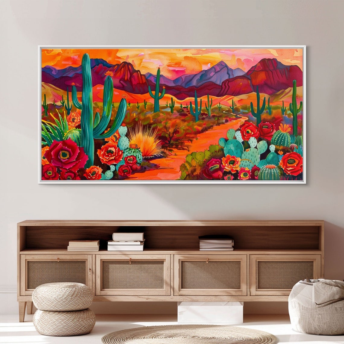 Desert Cactus Garden Red Blooms Orange Sunset Mountain Art Poster - Image 2