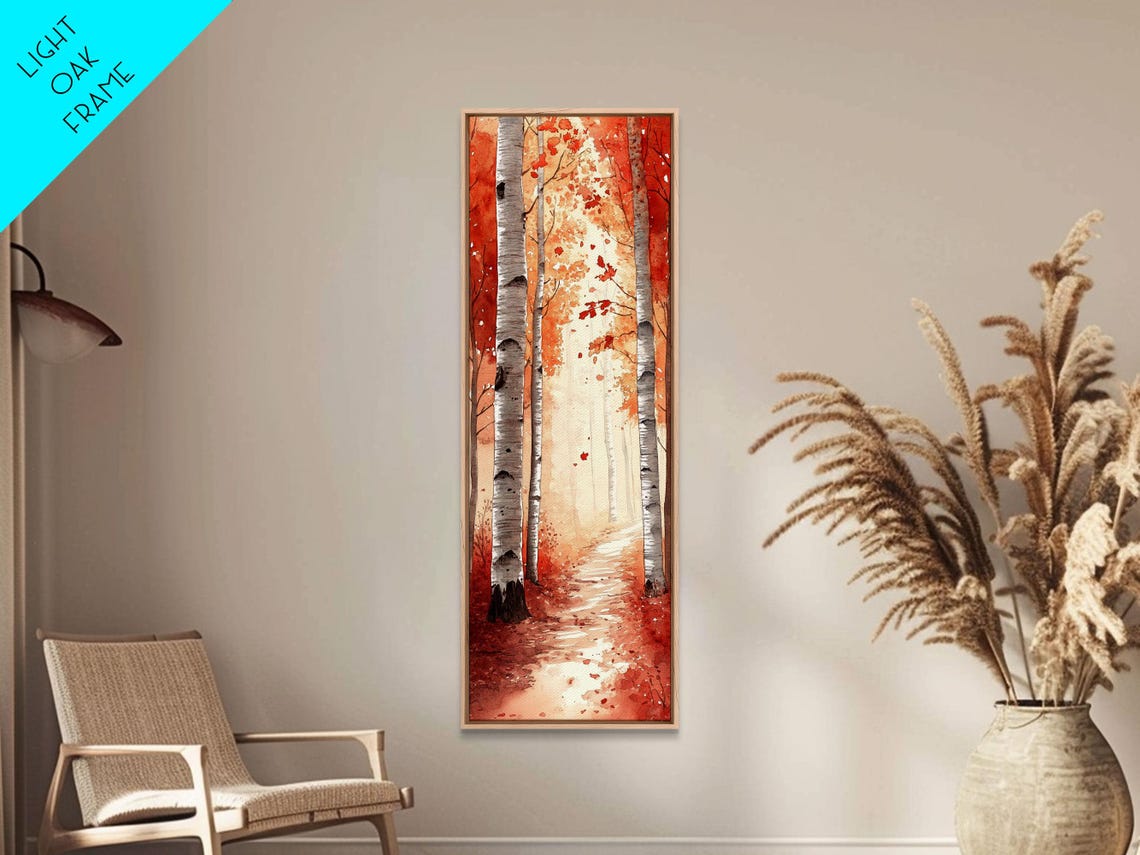 Autumn Birch Trees Glowing Orange Red Foliage Misty Path Art Poster - Image 2
