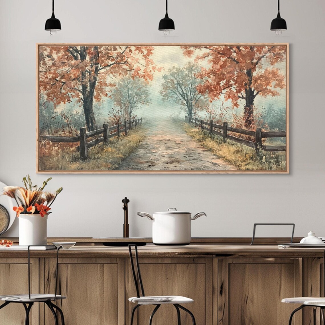 Autumn Path Rustic Fence Trees Misty Fall Landscape Painting Poster - Image 3