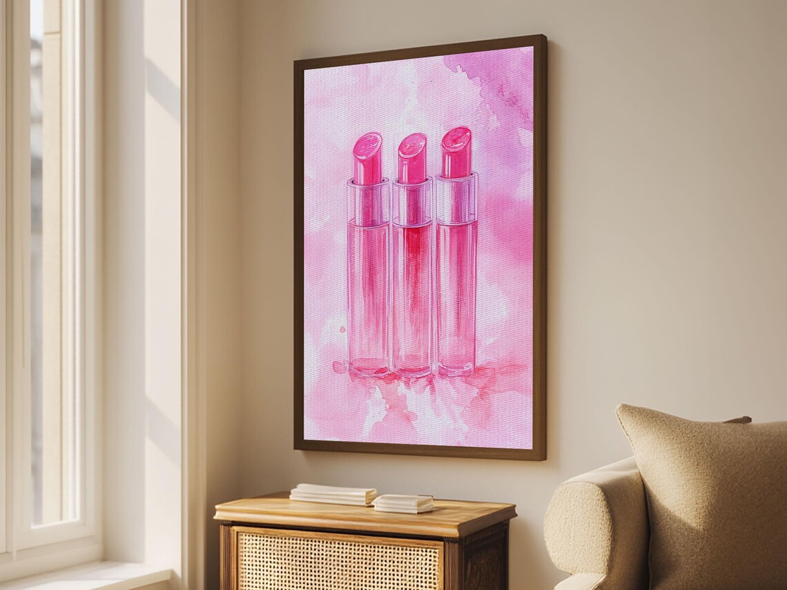 Pink Lipstick Trio Watercolor Glam Beauty Makeup Feminine Wall Art - Image 6