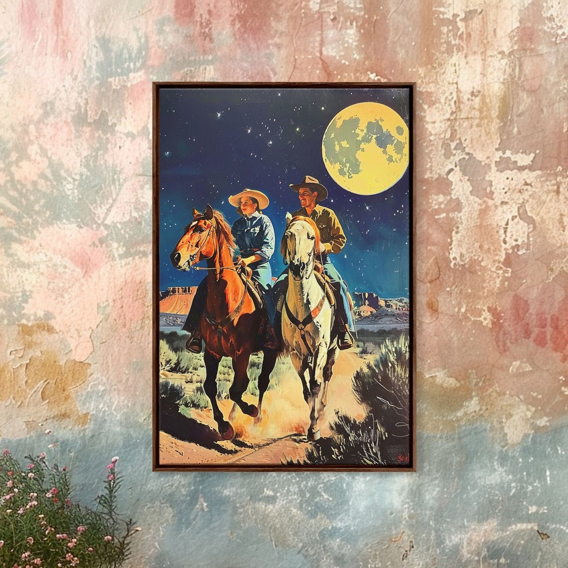 Vintage Cowboy Couple Riding Under Full Moon Night Sky Western Poster - Image 2
