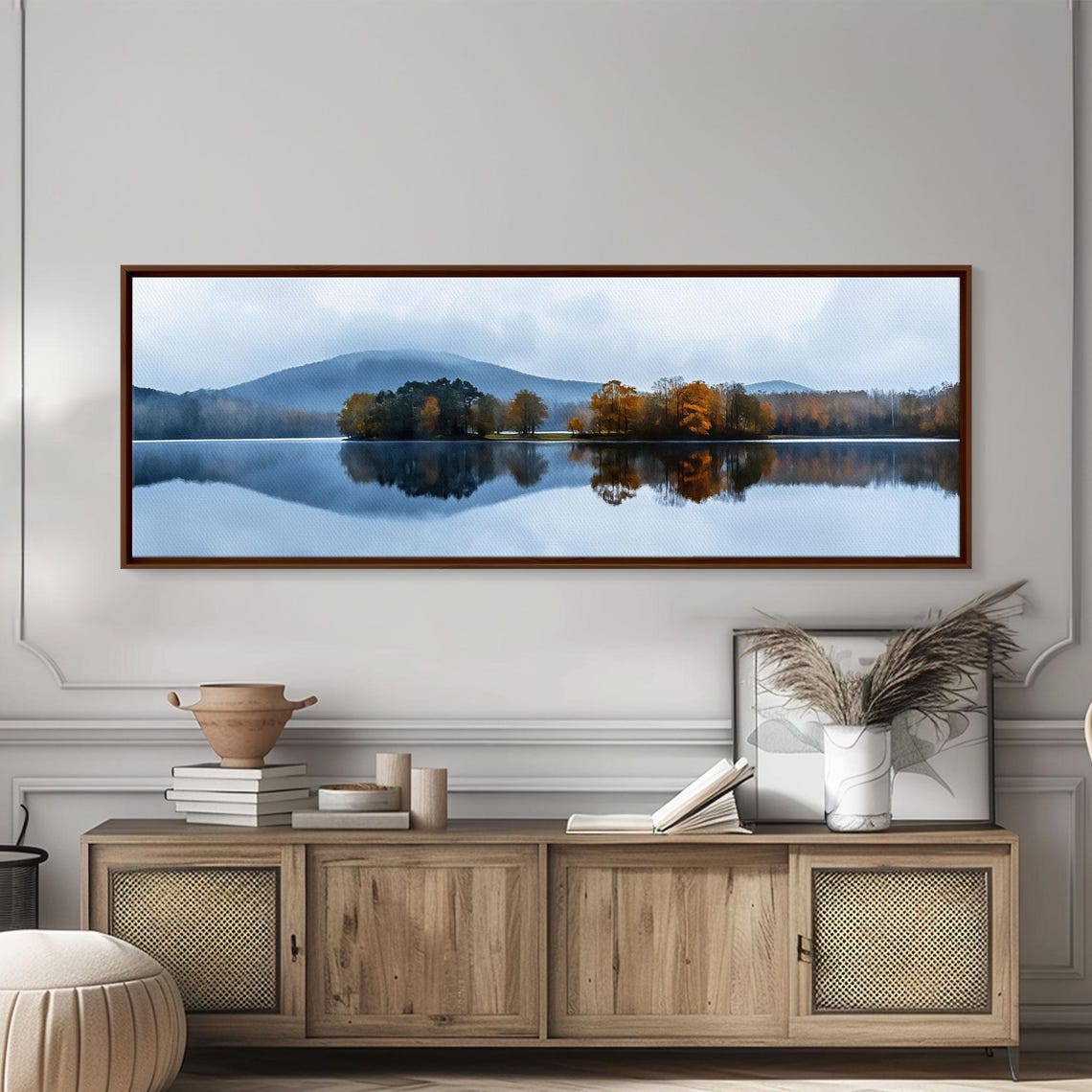 Calm Lake Mirror Reflection Misty Mountains Overcast Day Wall Art - Image 4