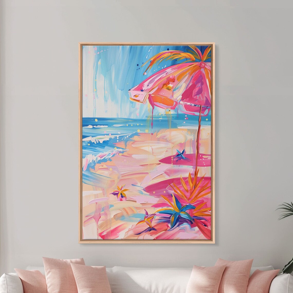 Tropical Beach Pink Umbrella Palm Ocean Coastal Summer Art Poster - Image 5