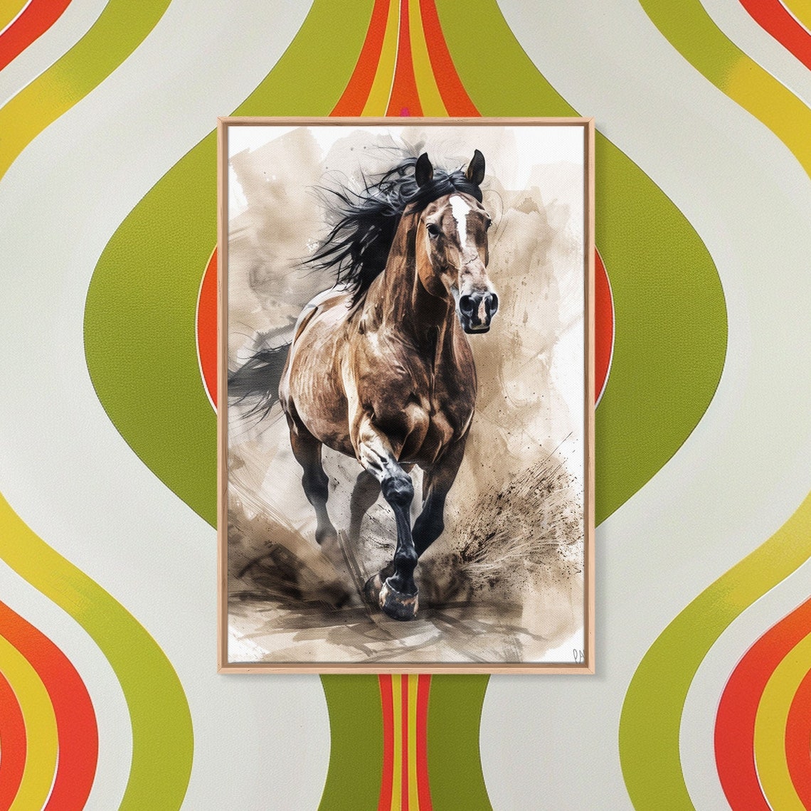 Powerful Brown Horse Galloping Dust Watercolor Equestrian Art Poster