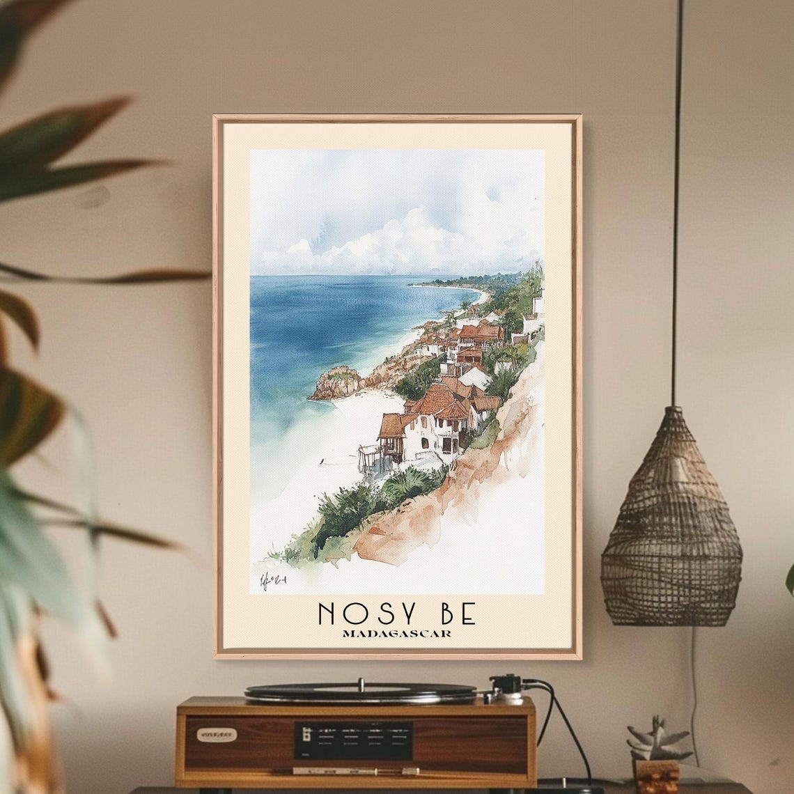 Nosy Be Madagascar Red Roof Coastal Town Cliffside Watercolor Poster - Image 2