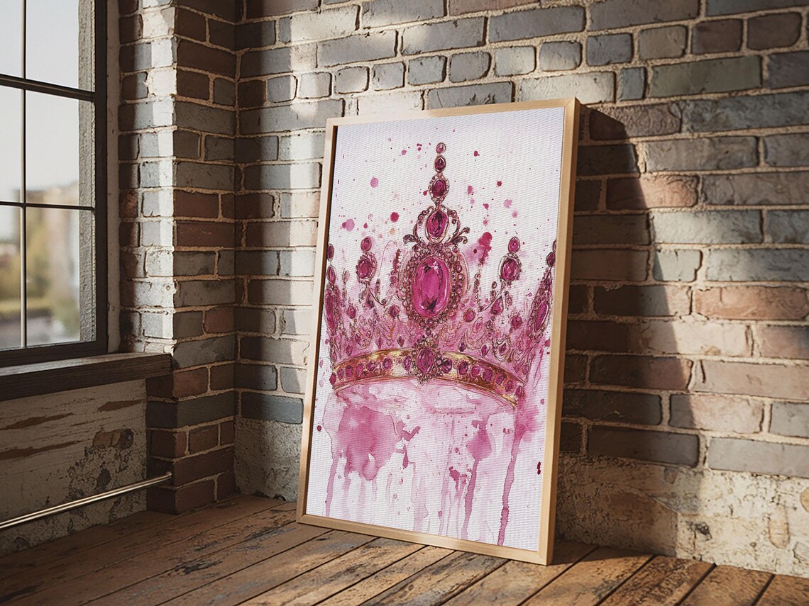 Regal Pink Jeweled Crown Watercolor Queen Princess Wall Art Poster - Image 3