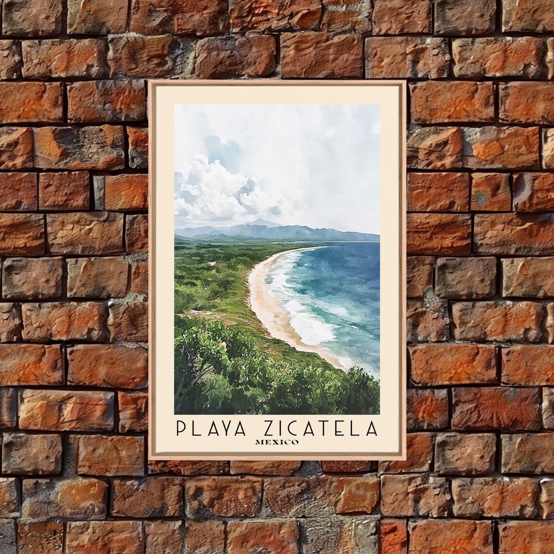 Playa Zicatela Mexico Long Surf Beach Green Hills Watercolor Travel Poster - Image 4