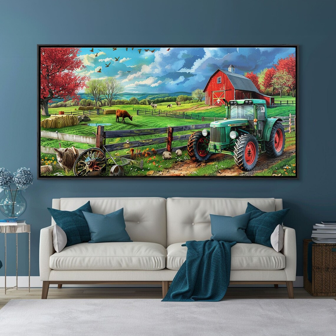 Green Tractor Red Barn Pasture Cows Country Farm Landscape Art Poster - Image 5