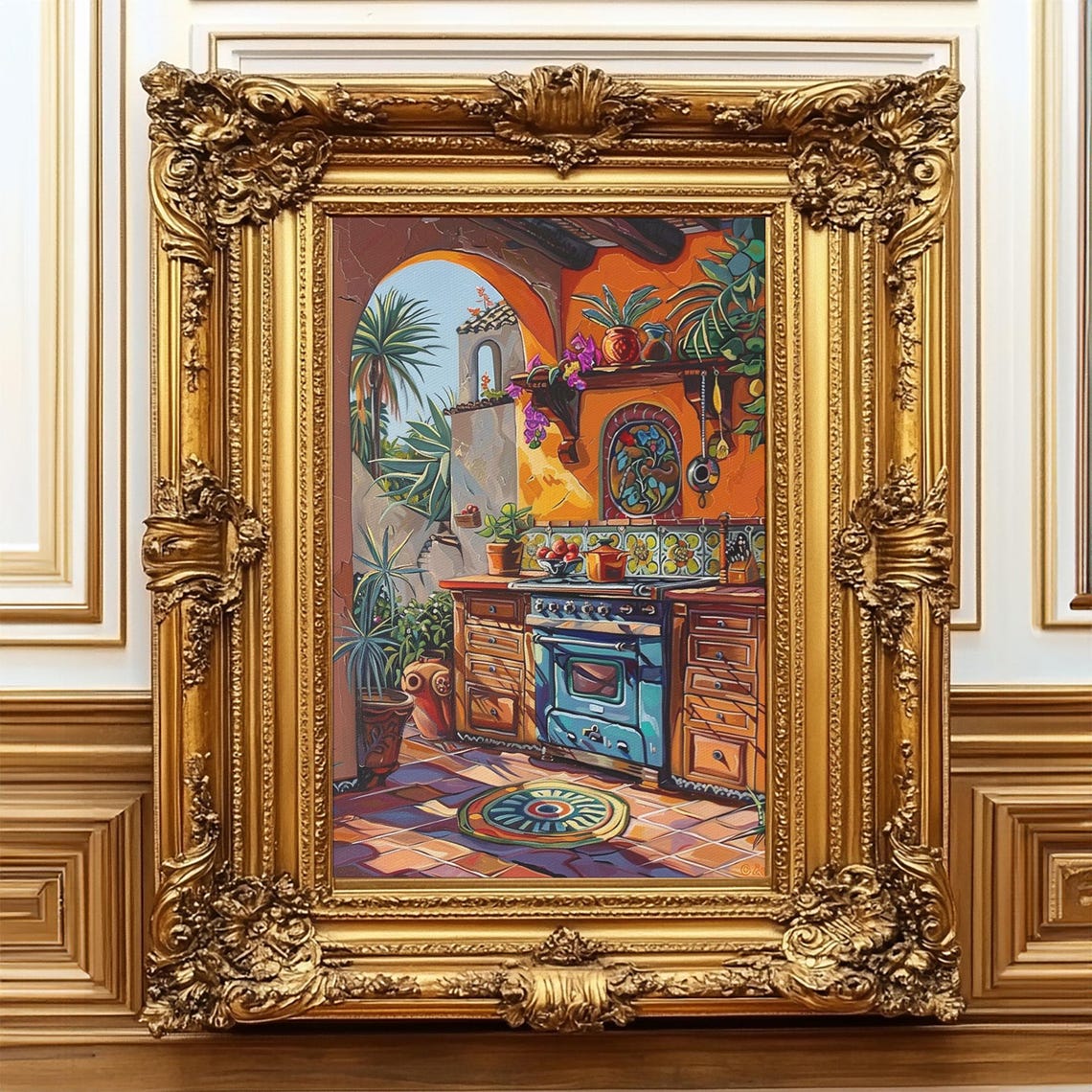 Spanish Outdoor Kitchen Blue Stove Terracotta Tiles Plants Art Print - Image 2