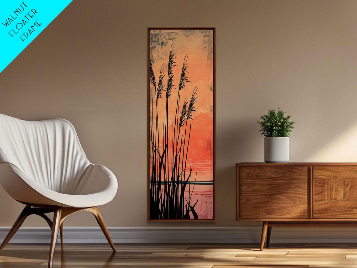 Black Reeds Silhouetted Against Glowing Orange Sunset Sky Art Poster - Image 6