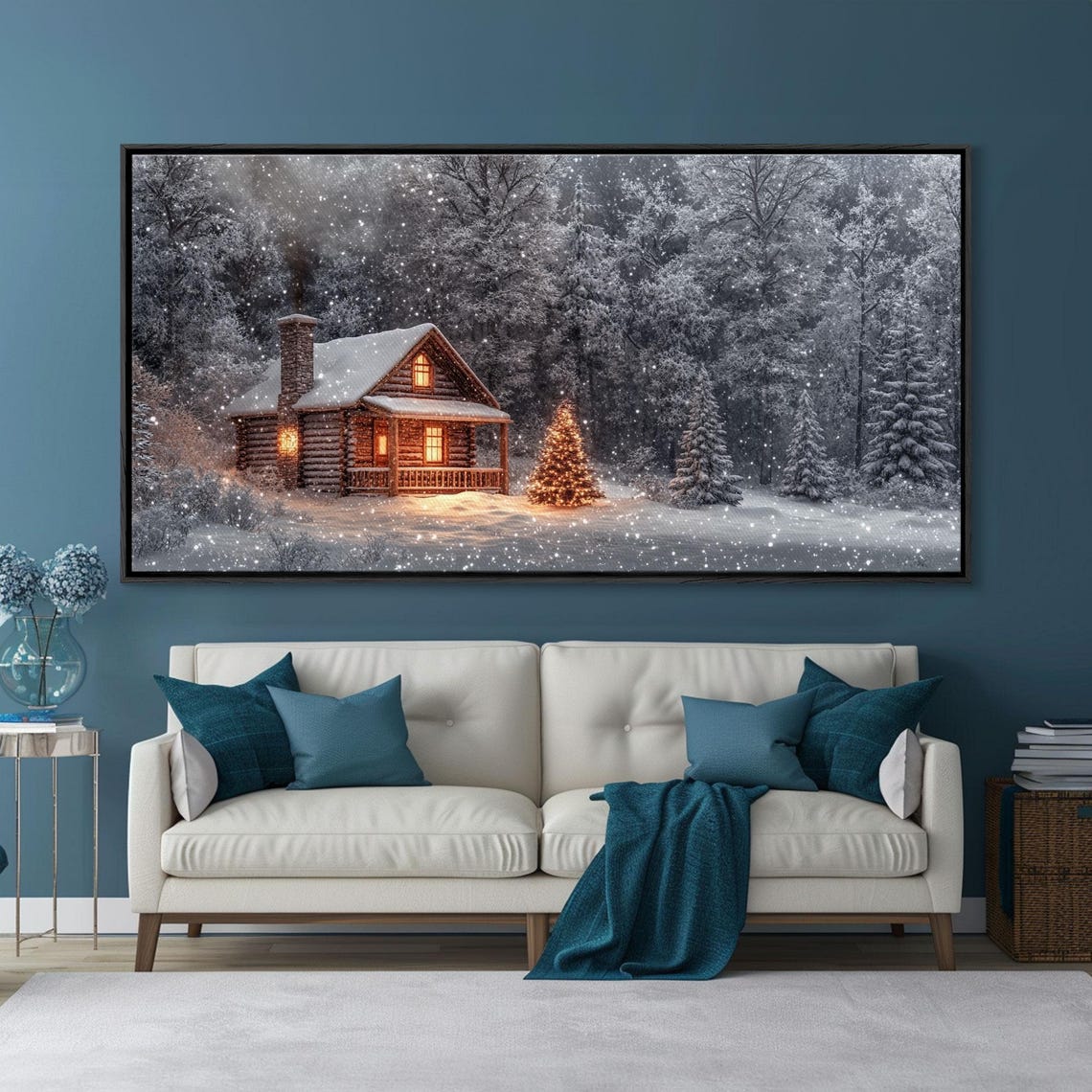 Winter Log Cabin Night Snowfall Lit Christmas Tree Rustic Poster - Image 3
