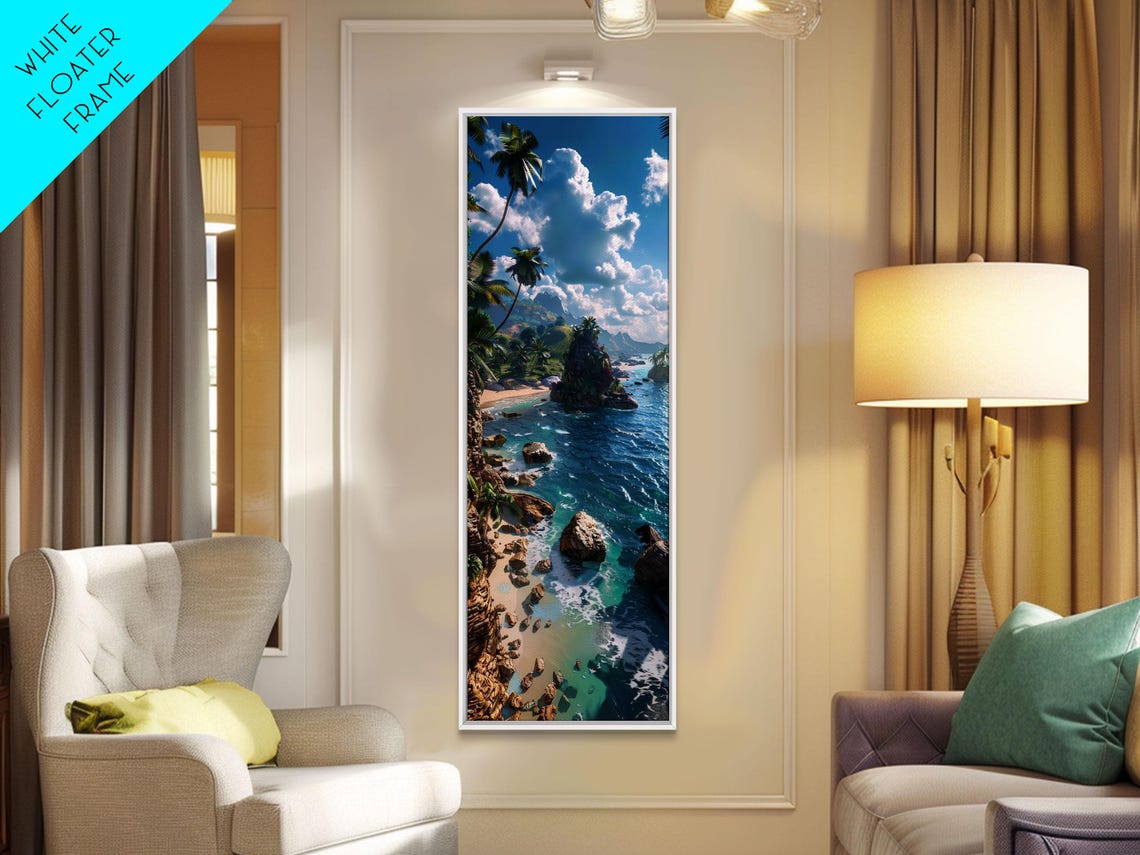 Tropical Island Rocky Cove Palm Trees Aerial Coast Wall Print