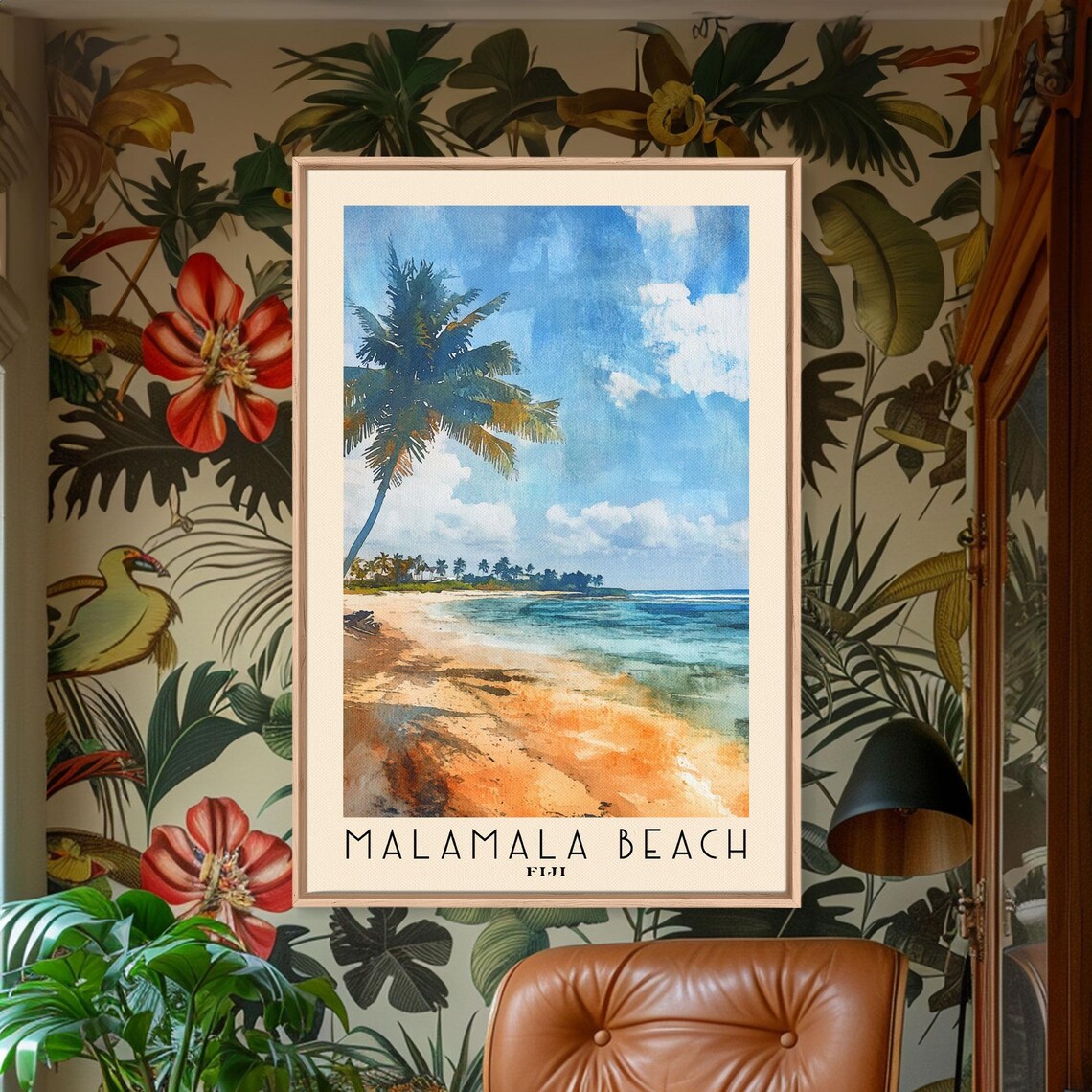 Malamala Beach Fiji Leaning Palm Golden Sand Turquoise Sea Travel Poster - Image 2