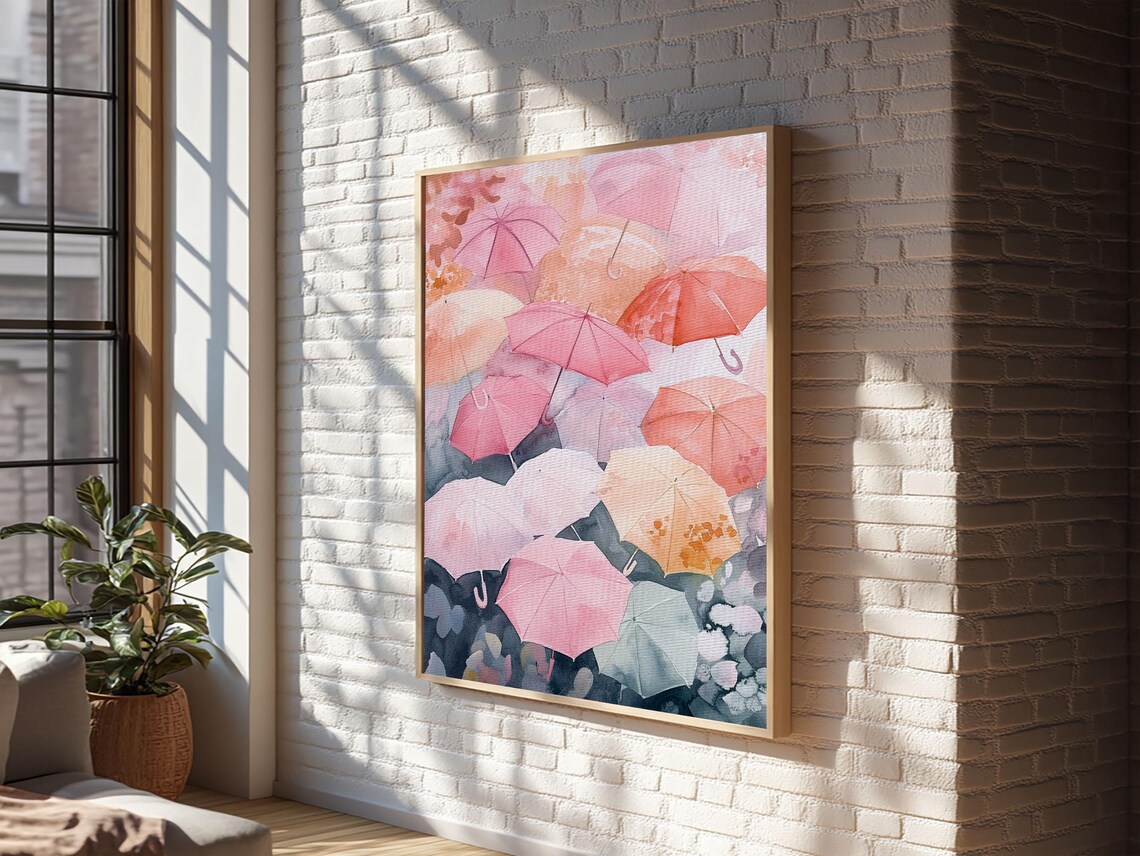 Pink Umbrellas Aerial Watercolor Whimsical Rainy Day Wall Art Poster