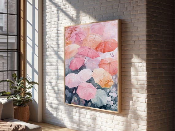 Pink Umbrella Cluster Print Whimsical Art Pink Abstract Art Light Pink Wall Art Artistic Decor Cottagecore Wall Art Bedroom Art
