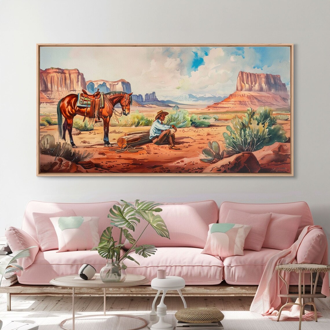 Cowboy Resting by Horse Red Rock Desert Western Scene Painting Poster - Image 2