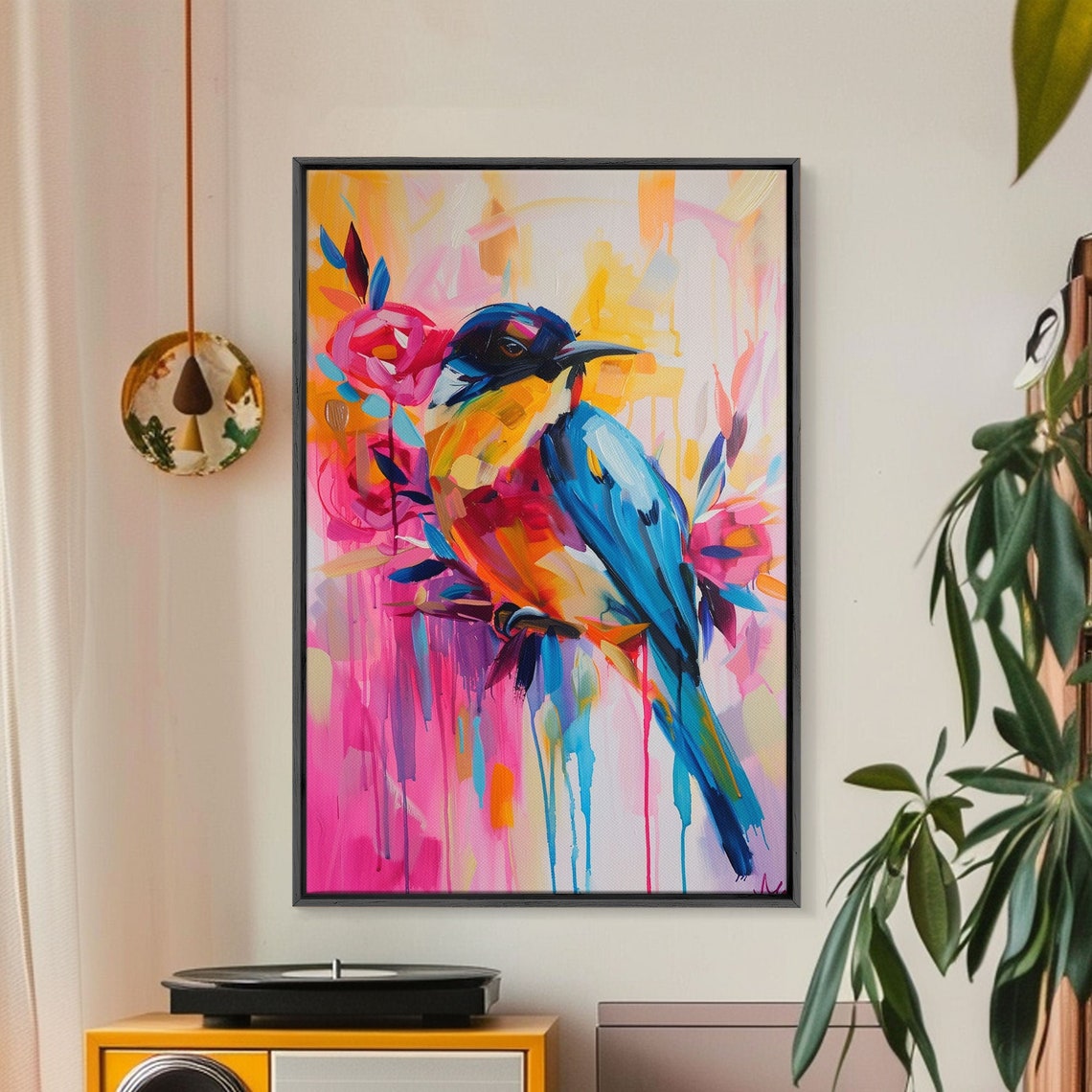 Colorful Bird And Flowers Pop Art In Pink Blue And Yellow Poster - Image 4