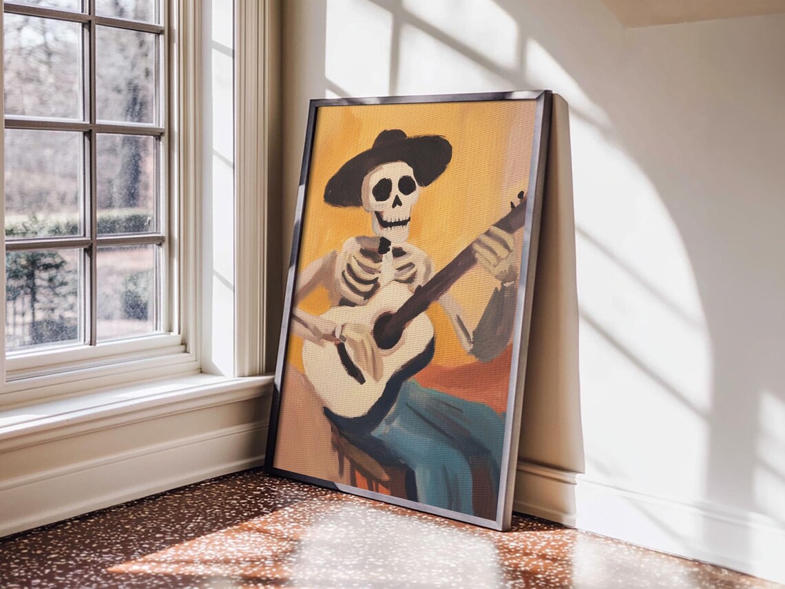 Skeleton Cowboy Playing Guitar Folk Art Warm Yellow Day Of Dead Art Poster - Image 2
