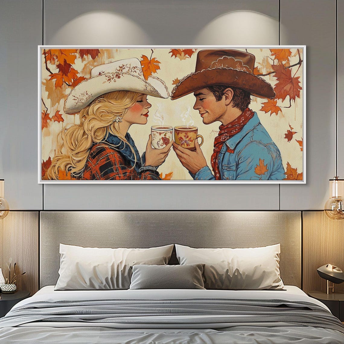 Cowboy Cowgirl Couple Sharing Hot Cocoa In Fall Vintage Style Poster