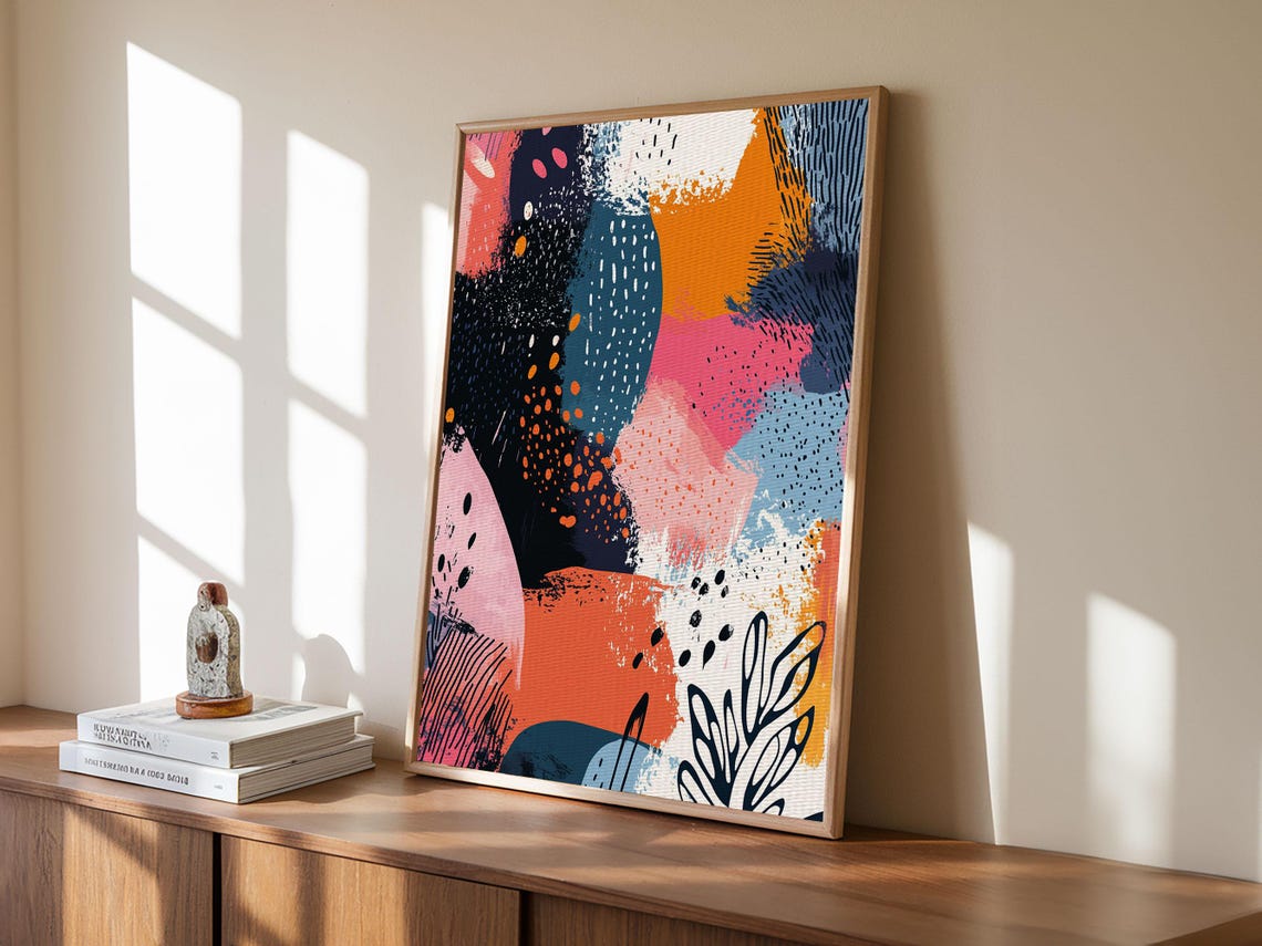 Modern Abstract Organic Shapes Coral Navy Pink Botanical Wall Art - Image 3