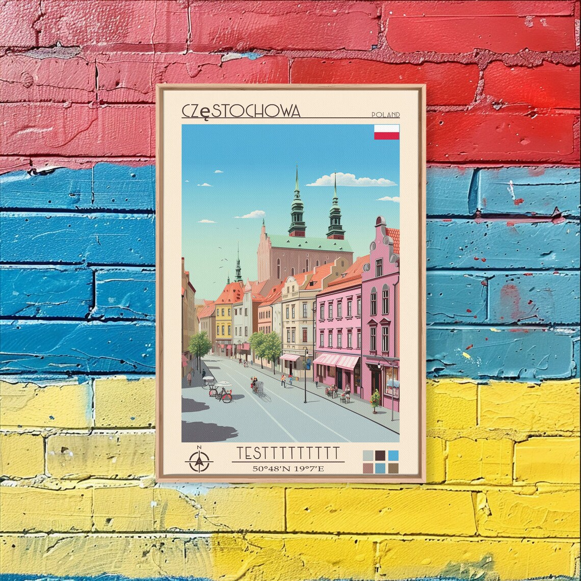 Czestochowa Poland Twin Spire Church Sunny Street Scene Travel Poster - Image 5