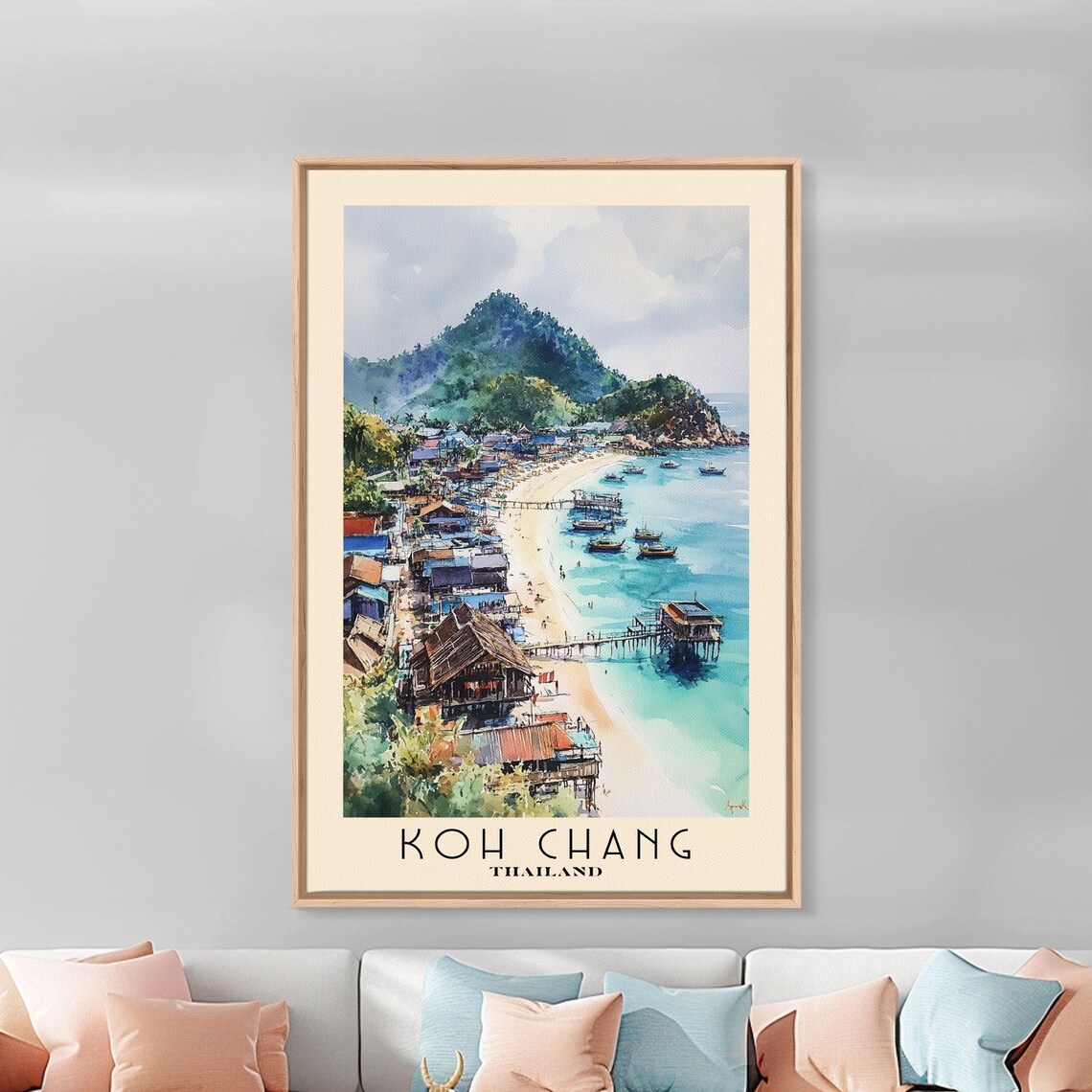 Koh Chang Thailand Fishing Village Pier Boats Mountain Watercolor Poster - Image 3