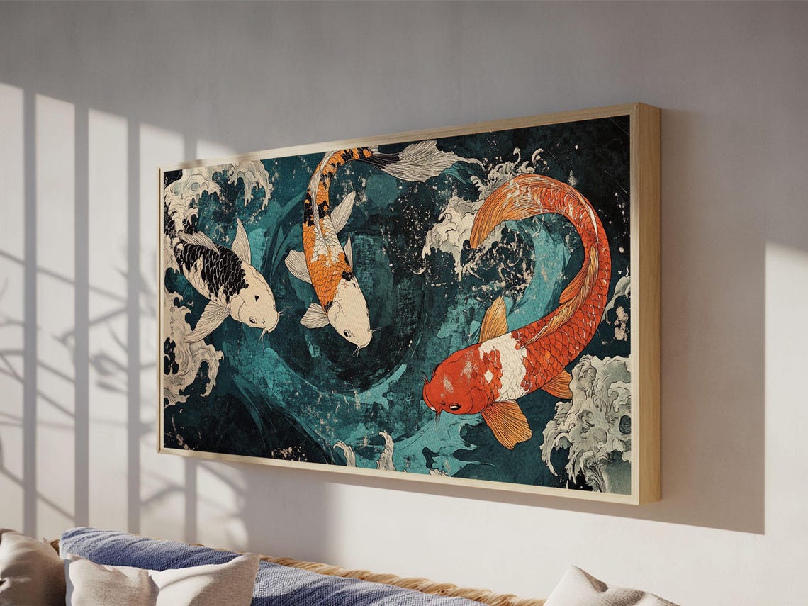 Three Koi Fish Swimming In Teal Water Japanese Style Painting Wall Art - Image 5