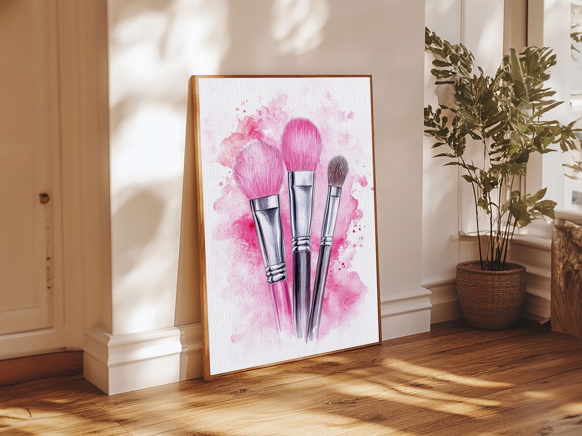 Pink Makeup Brushes Watercolor Beauty Vanity Glam Wall Art Poster