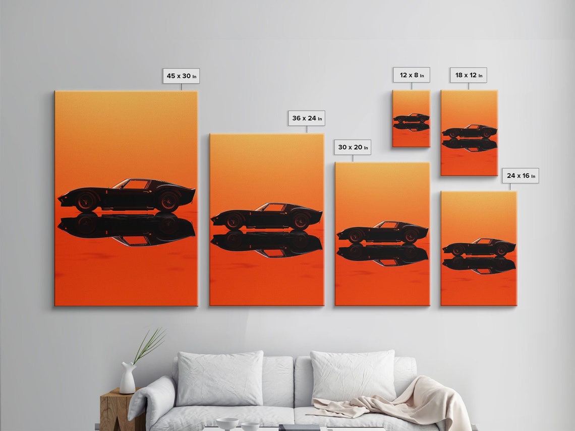 Vintage Muscle Car Silhouette Orange Reflection Sunset Wall Art - Image 2